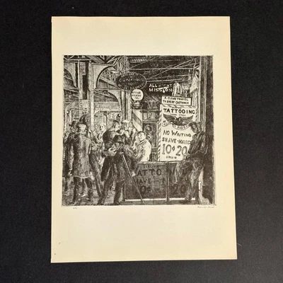 Reginald Marsh "Tatuaje-Corte de pelo-Afeitado" 1930 Impresión artística Boceto de Nueva York De colección Foto 1 de 4