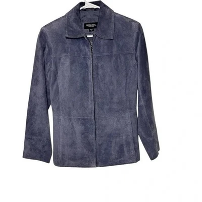 Chaqueta Bernardo de cuero azul pequeña pequeña para mujer Foto 1 de 4