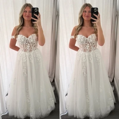 Vestidos de novia blancos playa boho fuera del hombro una línea novia vestidos de novia Foto 1 de 4