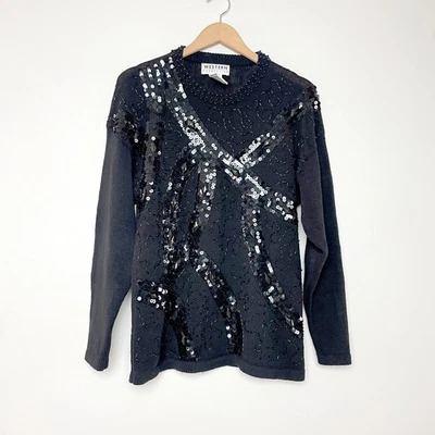Suéter Cachicho Vintage Años 80 90 Glam Rock Disco Negro Lentejuelas Cuentas Talla M Foto 1 de 4