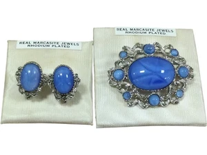 Markasit rhodiniert Faux blau Katzenauge Schmuck Brosche & Ohrclips - Bild 1 von 12