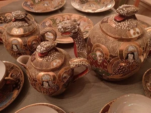 Vintage Japanese Porcelain Ceramic Satsuma Moriage Dragon Ware Tea Set - Picture 1 of 7