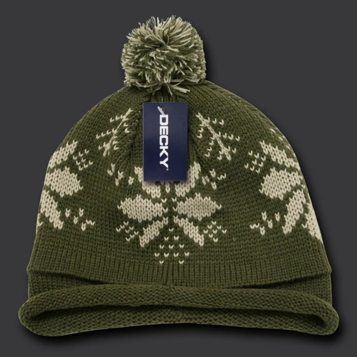 OLIVE SNOWFLAKE ROLL UP POM GORRO GORRA   Foto 1 de 1