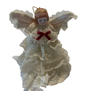 Vtg Lacey Angel Christmas hanging ornament or small tree topper porcelain head - Picture 1 of 4
