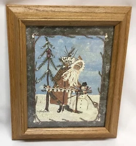 VTG. Gloria Bowlin Oak Framed LET IT SNOW Picture Santa/Snowman/Holidays Signed - Picture 1 of 8
