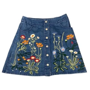 Vintage 90s 00s Blue Embroidered Button Floral A-Line Mini Skirt 8 10 S - Picture 1 of 3