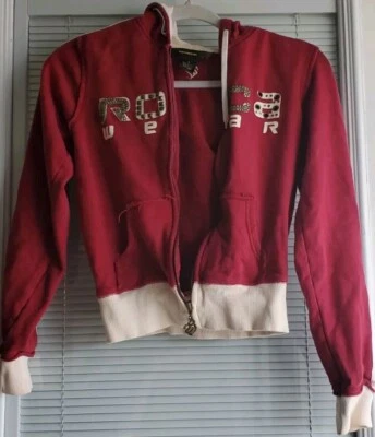 Винтажная женская толстовка с капюшоном ROCAWEAR S пурпурная белая втулка с заклепками на молнии цепочка подлинная  - Изображение 1 из 4