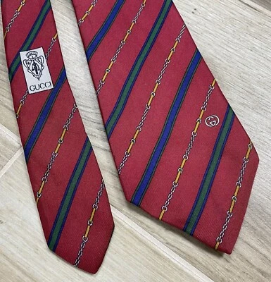 Gucci Tie Silk Red Green Diagonal Stripes Equestrian Italy Vintage GG Logo Horse - Image 1 of 4