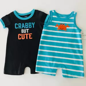 Carter's Baby Boy 3 Months 2-pk Romper Set Clothes Crab Nautical Teal Brown - Picture 1 of 1
