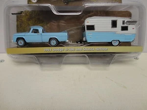 Greenlight 1963 DODGE D-100 Blue '63 with SHASTA AIRFLYTE CAMPER Hitch & Tow - Picture 1 of 4