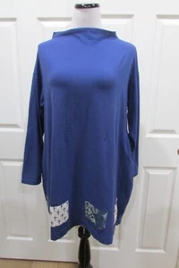 YASUKO TUNIKA/TOP BLAU U-BOOT-AUSSCHNITT BAUMWOLLE APPLIZIERT GRÖSSE S/M - Bild 1 von 8