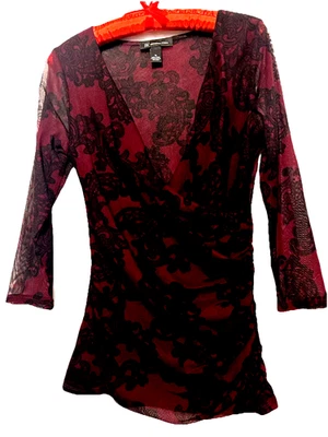 Inc Top M Black Red Vintage Y2K Boho Stretch Knit Ruched Nylon Whimsigoth Shirt - Image 1 of 4