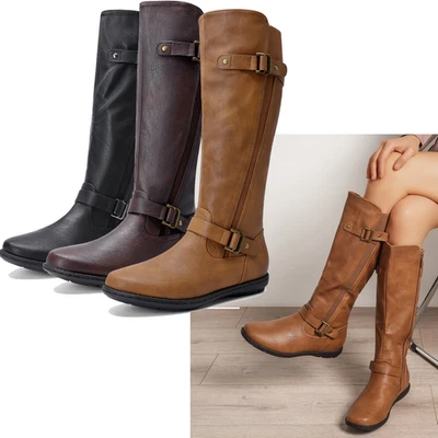 Botas hasta la rodilla forradas de piel sintética para mujer botas de montar altas de tacón bajo de otoño Foto 1 de 2