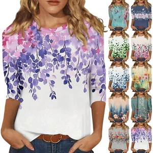 Women's Round Neck Summer Casual Ladies Print 3/4 Sleeve Tops Blouse T Shirt 8 - Picture 1 of 42