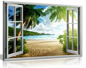 Beach Sunset View 3D Window Effect Canvas Wall Art Picture Print - Picture 1 of 5