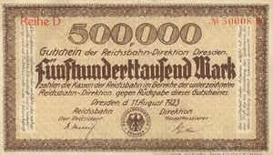 Reichsbahn Dirección Dresde - 500000 marcos - Serie D - MGG S1171 - Imagen 1 de 2