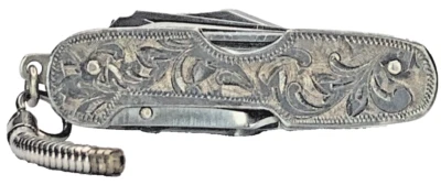 复古纯银 925 蚀刻卷轴设计 2 英寸多 5 工具口袋刀 — 第 1/4 张图片