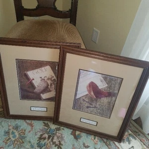 Paar Vintage Antik Passepartout Golf Kunstdruck Gerahmt "Eisen und Hölzer" Bilder - Bild 1 von 11