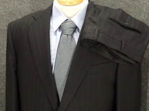 Traje Luigi Bianchi Mantova 42R Negro Chaulk Rayas Lana 34x27 Pantalones Plisados Italia - Imagen 1 de 14