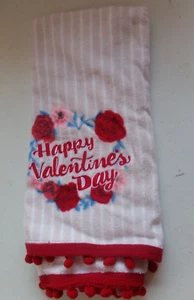 FULL UNCUT HAPPY VALENTINE'S DAY FLORAL Cotton Kitchen Towel BALL FRINGE BOTTOM - Picture 1 of 1