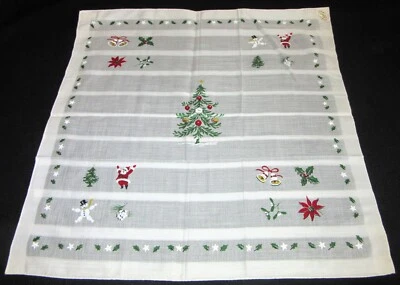 Vintage Hankie Burmel Christmas Tree Santa Bells Snowman Poinsettia Hand Rolled - Image 1 of 4