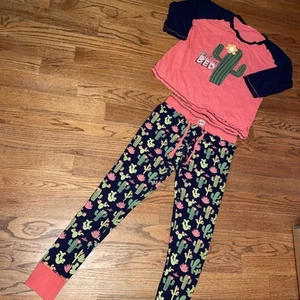 Lazy One Pajama set Womens L Blue Mid Rise Cactus Print Slim Fit Cozy Comfort - Picture 1 of 11