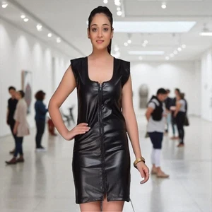 Premium Black Leather | Front Chain | Vest Bodycon Clubwear Dress | UK-XXL Size - Bild 1 von 8
