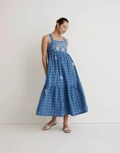 Madewell Blue Floral Embroidered Cicely Tiered Midi Dress in Plaid 100% Cotton 6 - Picture 1 of 10