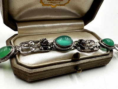 PULSERA ART DECO PLATA ESTERLINA 925 ANTIGUA CRISOPRASA PIEDRA VERDE CABUJONES Foto 1 de 4