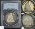 1863 PROOF SEATED LIBERTY SILVER DOLLAR $1 PCGS PR 62  TONED  