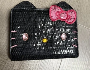 2010 Vtg Hello Kitty Black Sequined Wallet Jewel Eyes Nose Pink Lining Zip Pouch - Picture 1 of 15