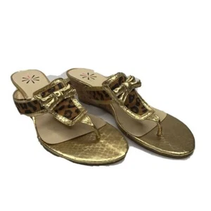 Isaac Mizrahi Balmy Thong Sandals Womens 7M Brown Gold Leopard Print Cork Wedge - Picture 1 of 9
