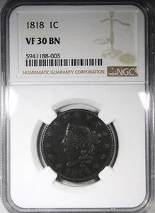 1818 Coronet Head Large Cent NGC VF30BN Early Copper Coin - Picture 1 of 4