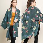 New Umgee Womans Sz S/M Boho Kimono Cover Up Top Duster Stripes Floral Green Nwt