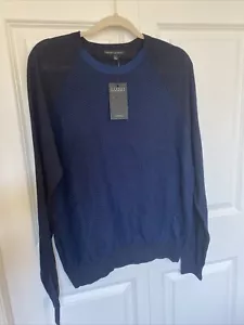 ROBERT BARAKETT Sweater Mens Large Blue Wool Raglan Sleeve Crew Neck Pullover - Picture 1 of 6