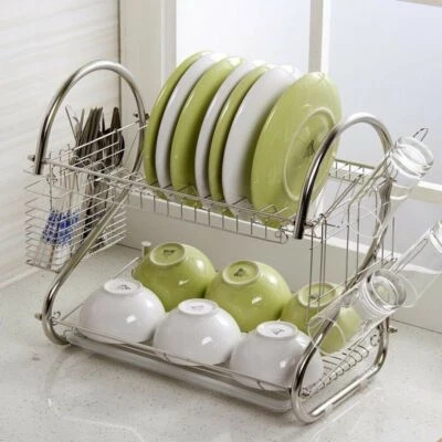 2 tier Dish Drying Rack Drainer Cup Plate Holder Cutlery Tray Kitchen Organizer - image 1 of 4