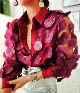 Elegantes Langarm-Top, Bluse mit Blumenmuster und 3D-Blumen Übergröße 3XL - Bild 1 von 6