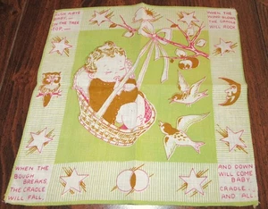 Vintage Children's Hankie Nursery Rhyme Hush A Bye Baby Old Timey 9" x 9" CUTE! - Picture 1 of 7