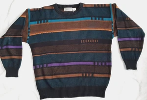 Men's Pullover Sweater 100% Acrylic Size Large Multicolored Striped - Picture 1 of 3