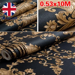 33FT Vintage Luxury Black Gold Damask Textured Wallpaper Roll Embossed Floral - Picture 1 of 9