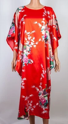 Women's Maxi Kimono/Asian Style Dress/Robe 100% Silk Red White Floral Size XL - Image 1 of 3