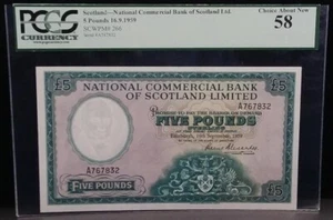 ESCOCIA 1959 National Commercial Bank 5 libras PCGS Graded Choice AU58 - Encantador - Imagen 1 de 2