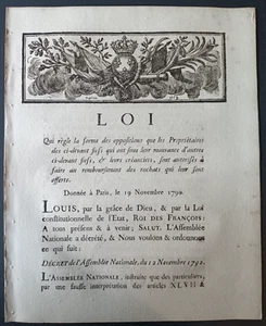 LOIS ARRETES DECRETS - LOI - Remboursements des rachats - 19 Novembre 1790 - Imagen 1 de 2