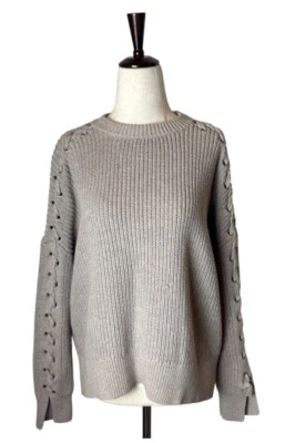 AllSaints Sweater Women XS Tan Crew Neck Cotton Knit Aria Laced Short Jumper - Image 1 of 4