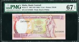 Malta 2 Lira 1967 (ND 1989) Pick-41 HERVORRAGENDER EDELSTEIN UNC PMG 67 EPQ - Bild 1 von 2