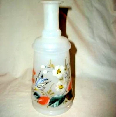 Antique French Opaline Vase Clam Broth HP Flowers Bird Pontil Rare Petite France - image 1 of 4