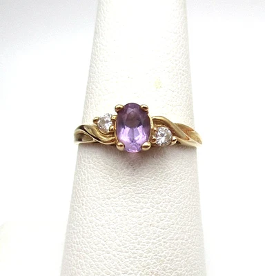 Кольцо из 10-каратного желтого золота с аметистом и прозрачным камнем размер 7,25 1,6 г [R382] - Изображение 1 из 4