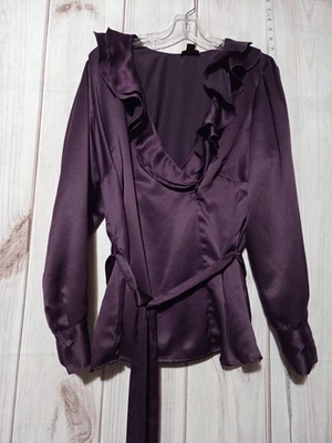 Blusa gótica manga larga para mujer 1X top púrpura satinado con volantes manga larga cuello en V Foto 1 de 4