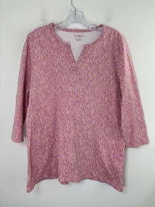 LL Bean Oberteil Damen XL rosa/weiß geometrisches Muster V-Ausschnitt Pullover 3/4 Ärmel - Bild 1 von 8