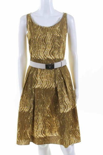 Abito PRADA VINTAGE Cate giallo marrone stampa senza maniche cotone a turni taglia 40